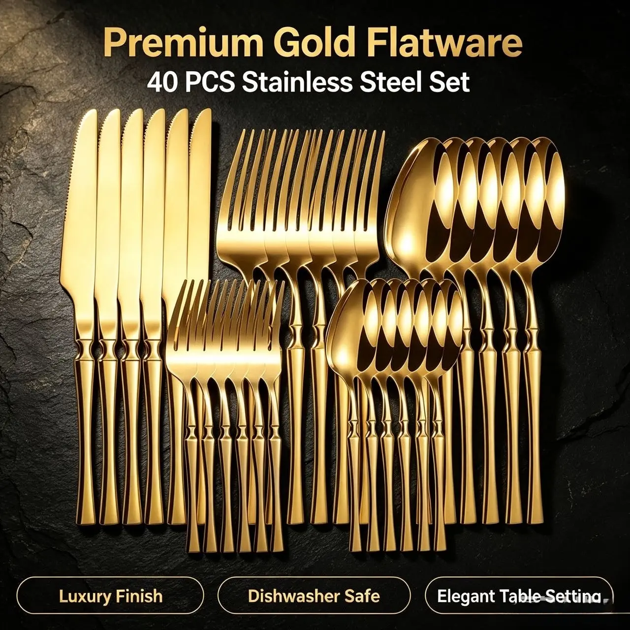 40 Pieces Premium Gold Flatware Set, Stainless Steel Silverware Cutlery Set, Dishwasher Safe Utensils Set, Elegant Tableware for Daily Use, Wedding, Party & Dinner