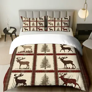 3PCS Duvet Cover Set, 1 Duvet+2 Pillowcases(Without filler), Deer Plaid Forest Country Cozy theme, Christmas bedding set, Rustic Warm Nature Suitable for decoration Bedroom Living Room Cabin Lodge