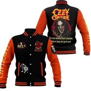Oôzzy Osboôurne Varsity Jacket Heavy Metal Rock Band Graphic Bomber Jacket Men's Vintage Letterman Streetwear Outerwear Halloween Bat Vampire Cosplay Coat Music Fan Gift Black Orange