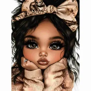 Cute Big-Eyed Black Girl With Cat Print Bow Cozy Knit Sweater Adorable Cartoon Character Art 5D Full Drill Round & Square Diamond Painting Kit, DIY Rhinestone Cross Stitch Embroidery, Sweet Fashion Girl Portrait Wall Art Decor For Bedroom Girls Room