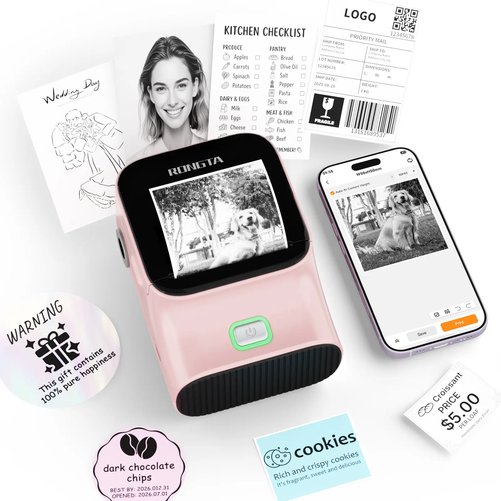 RONGTA Portable  2 Inch Bluetooth Label Maker Printer, Wireless Label Printer, AI Printer, Sticker Printer, Portable Thermal Printer for Small Business, Homes and Offices