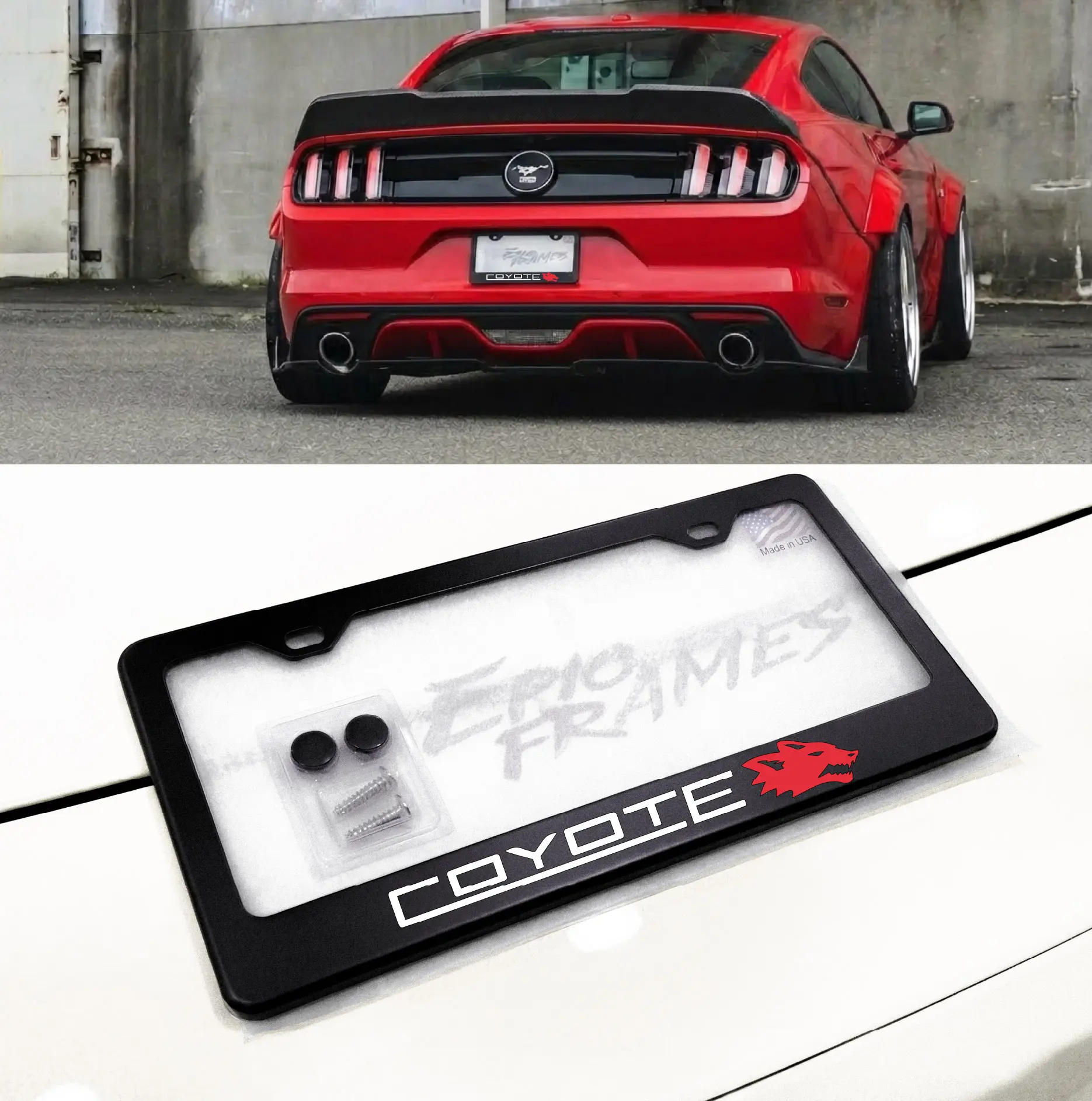 Red Coyote 5.0 Mustang GT License Plate Frame Black Stainless Steel Metal