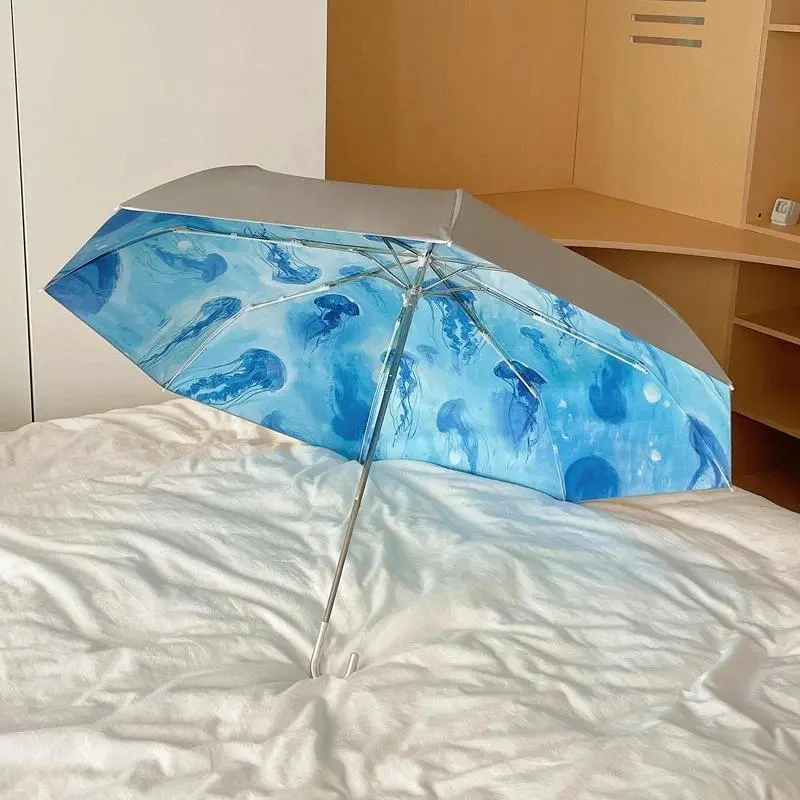 Lolita Triple Fold Jellyfish Painting Inside Umbrella Sun Anti-uv Umbrellas Ladies Parasol Curved Hook Umbrella Folding Umbrella