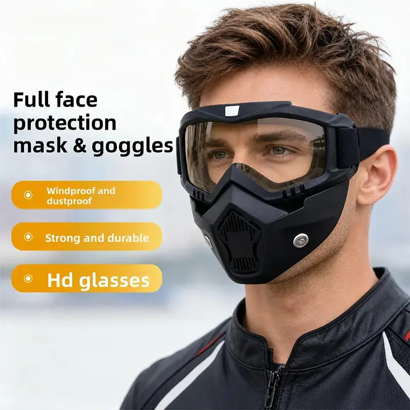 Tactical Full Face Protection Mask with Anti-Fog Goggles - Windproof, Dustproof, Breathable Protective Gear for Outdoor Cycling, Motorcycle Riding