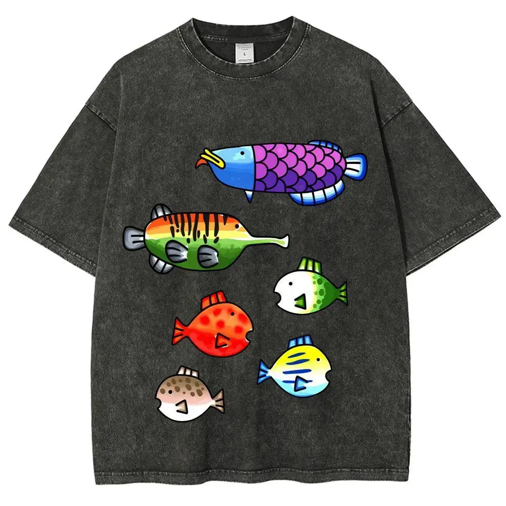 Men's Retro Vintage Washed Pure Cotton Short-Sleeve Round Neck T-Shirt - Colorful Wii Fish Print, Comfortable Preppy Streetwear Top, Shortsleeve, Casual
