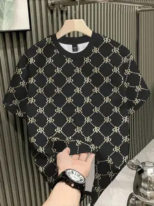 Men's Luxury Monogram D R Print T-Shirt, Fitted Short Sleeve, Plain Pattern, All-Season Casual Top for Streetwear