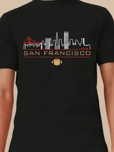 San Francisco 1946 SF Football Niners T-Shirt - Retro Vintage Crewneck Tee with Iconic & City Skyline Print, Red & Golden Suitable for Campus, Sports, Beach, Outdoor Wear - Unisex Casual Shirt for Niners Fans