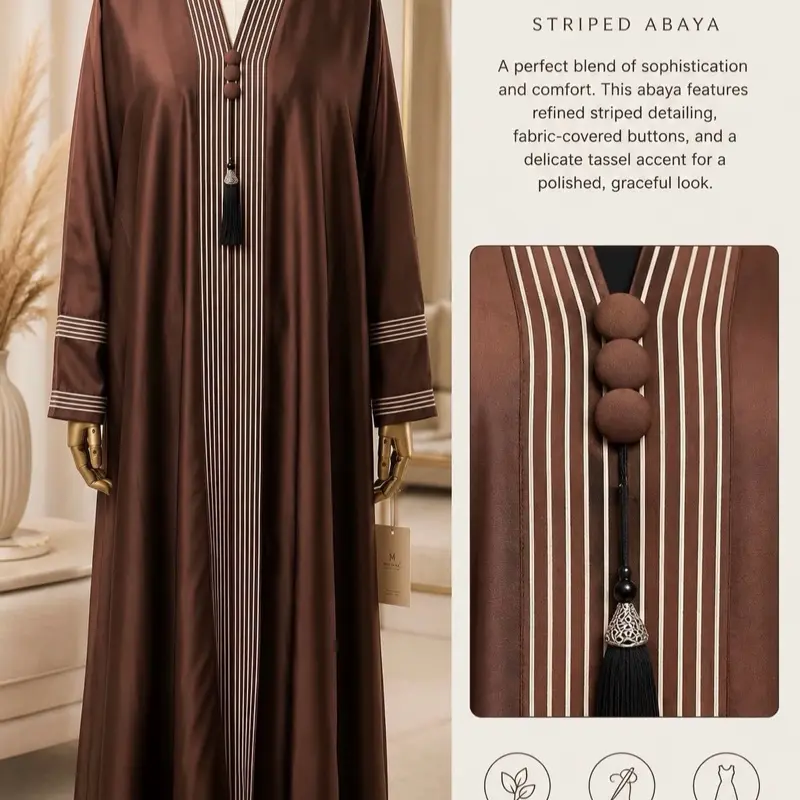 Women's Stripe-Pattern Muslim Abaya, Traditional Kaftan Dress
