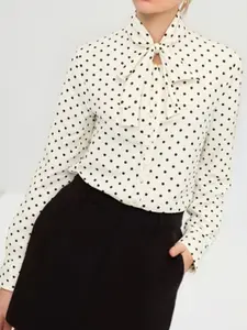 Vintage Polka Dot Tie Neck Fitted Shirt, Ivory with Classic Dots, Elegant Office Attire for Commute Fashion