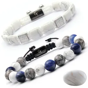 GT Collection 2 PIECE SET - SODALITE Single Bead & Flatbead Bracelet Handcrafted with Howlite for Relaxation & Balance Adjustable Cord for Men