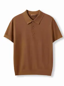 Men's High-End Knitted Polo Shirt, Short Sleeve Casual Pure Color Textured Polo Top, Loose-Fitting Long Clothing, Buttoned Collar Design