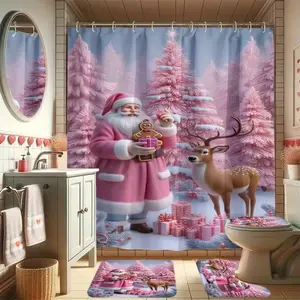 4pcs pink Santa Claus and deer, exquisite waterproof shower curtain set, non-slip floor mat, U-shaped carpet, toilet cover, perfect for bathroom decoration, partition, beautify the space, 12 shower curtain hooks are given