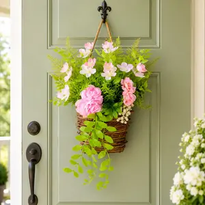 Artificial Hanging Flower Basket, Faux Floral Arrangement, Woven Basket, Spring Summer Decor, Wall Door Garden Home Decor