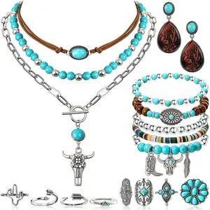 18 Pcs Western Turquoise Jewelry Sets for Women with Boho Necklace, Earrings, Stackable Bangle Bracelet, Knuckle Rings Cowgirl Accessories for Country Concert Rodeo Outfit Gift