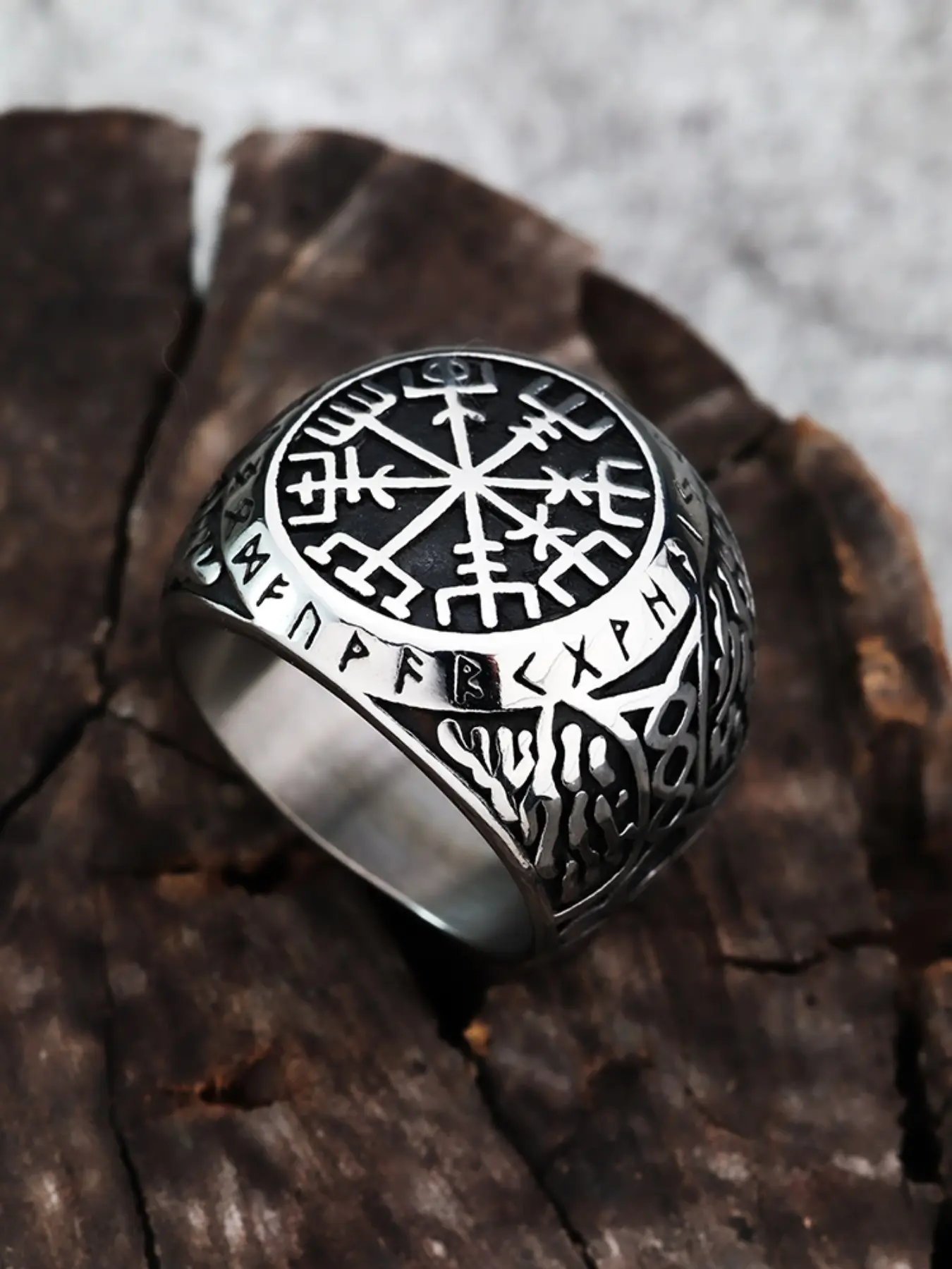 Viking Style Compass Steel Ring with Runes, Runic Inscriptions, Runic Craftsmanship, Runic Insignia, Runic Artistry, Men's Antique Nordic Jewelry, Durable Non-Plated Metal Surface, Rust-Resistant Unisex Gift Accessory