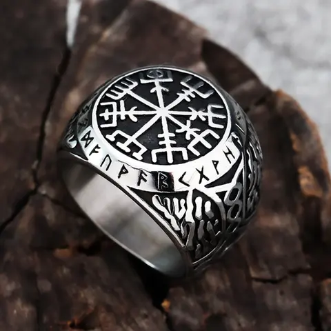 Viking Style Compass Steel Ring with Runes, Runic Inscriptions, Runic Craftsmanship, Runic Insignia, Runic Artistry, Men's Antique Nordic Jewelry, Jewelry Rings, Durable Non-Plated Metal Surface, Rust-Resistant Unisex Gift Accessory