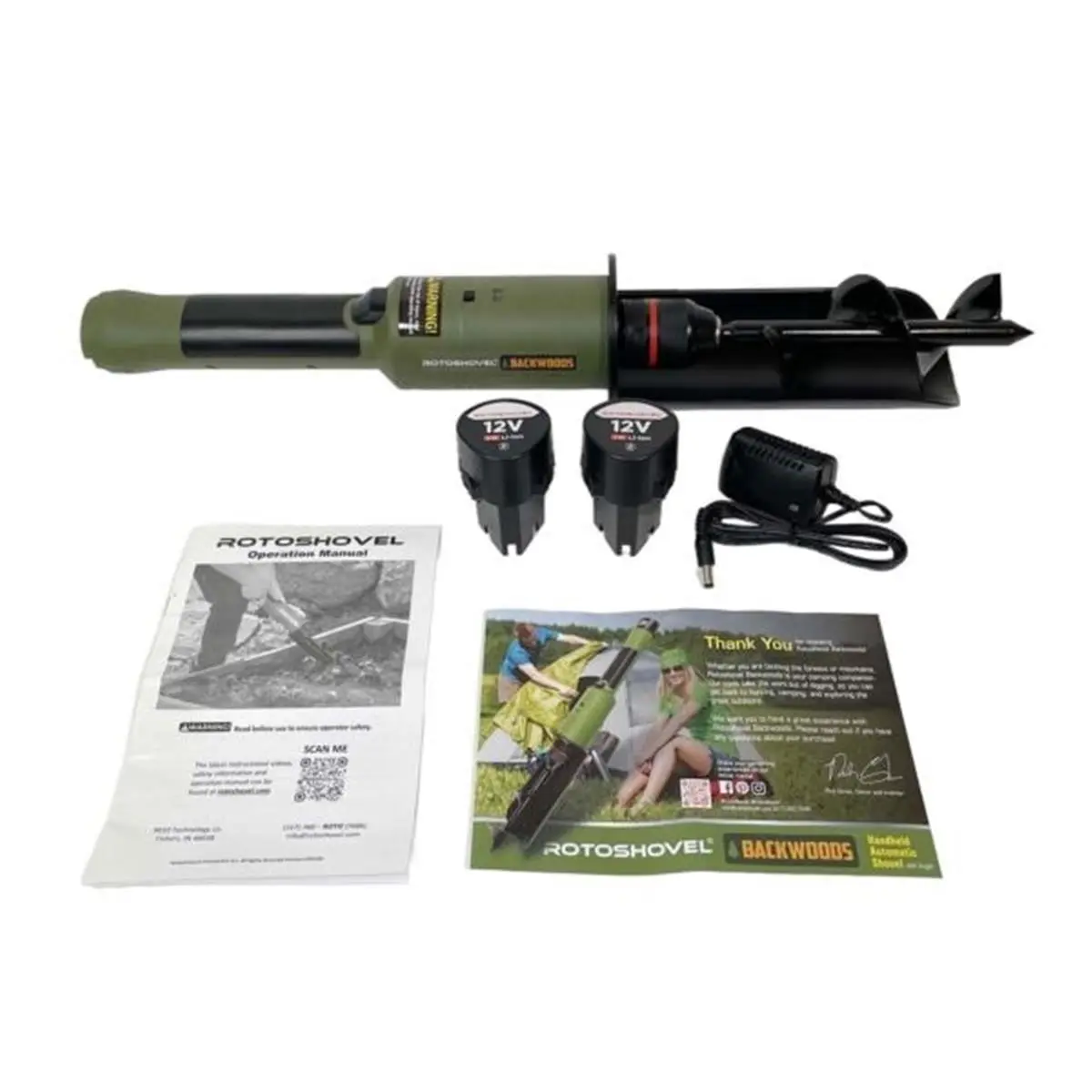 RotoShovel ROTO2-RB2 Automatic Handheld Garden Shovel - Trenching, Landscaping, Post Digging Tool with Auger, 2 Batteries, 5 lb Charging Unit