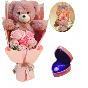 Preserved Rose Bouquet Flowers with Teddy Bear - Pink Rose Artificial Flowers with Pearl Necklace for Her - Love Gift Mother's Day,Valentine's Day,Birthday (Pink)