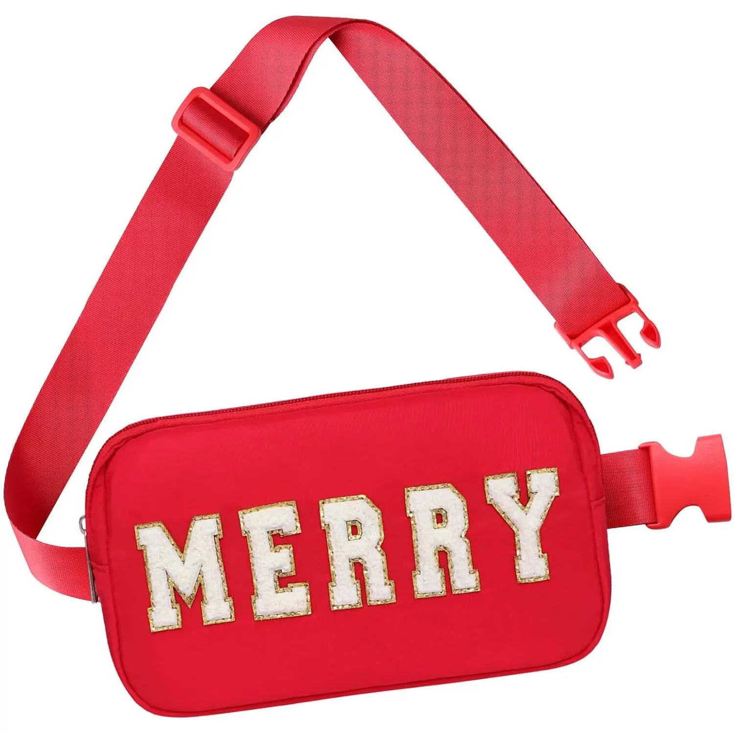 Christmas Fanny Pack, Merry Letter Belt Bag, Red Christmas Purse Crossbody Bag Nylon Adjustable Strap, Christmas Gifts For Girls Boys Women Men
