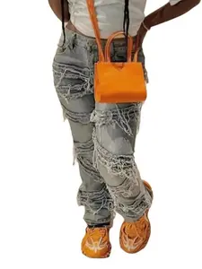 Stacked Jeans Women's High-Waisted Skinny Ripped Jeans Slim Fit Patchwork Denim Pants with Button Closure All-Season Casual Streetwear Y2K Goth Hip Hop Trousers