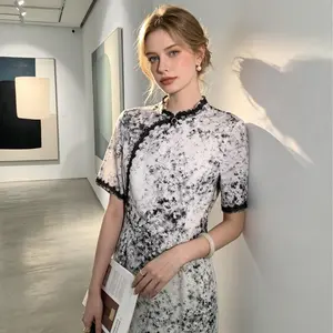 Black-and-White Ink Wash Lace Hand-Embroidered Modified Cheongsam · Eastern Poetic Light National Style Everyday Casual Light Luxury Dress