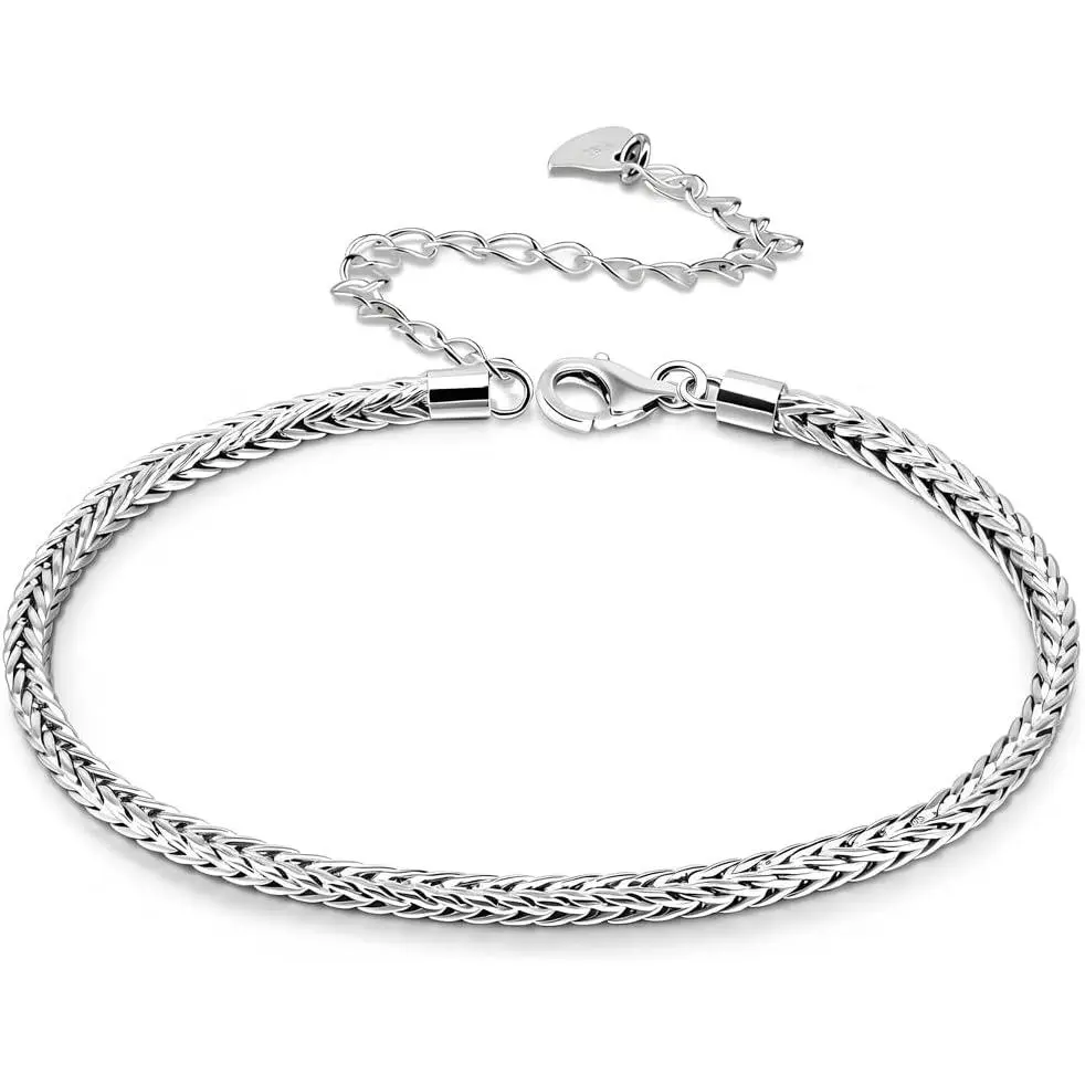 Women's 925 Sterling Silver 2mm Italian Foxtail Chain Adjustable Anklet with Lobster Clasp, Up to 10.5 Inches