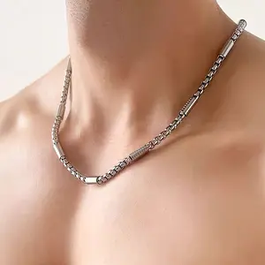 Simple Hip-hop Neutral Style Square Pearl Chain Stainless Steel Necklace, Suitable for Both Men and Women, Daily, Casual, Punk Style Fashion with Accessories