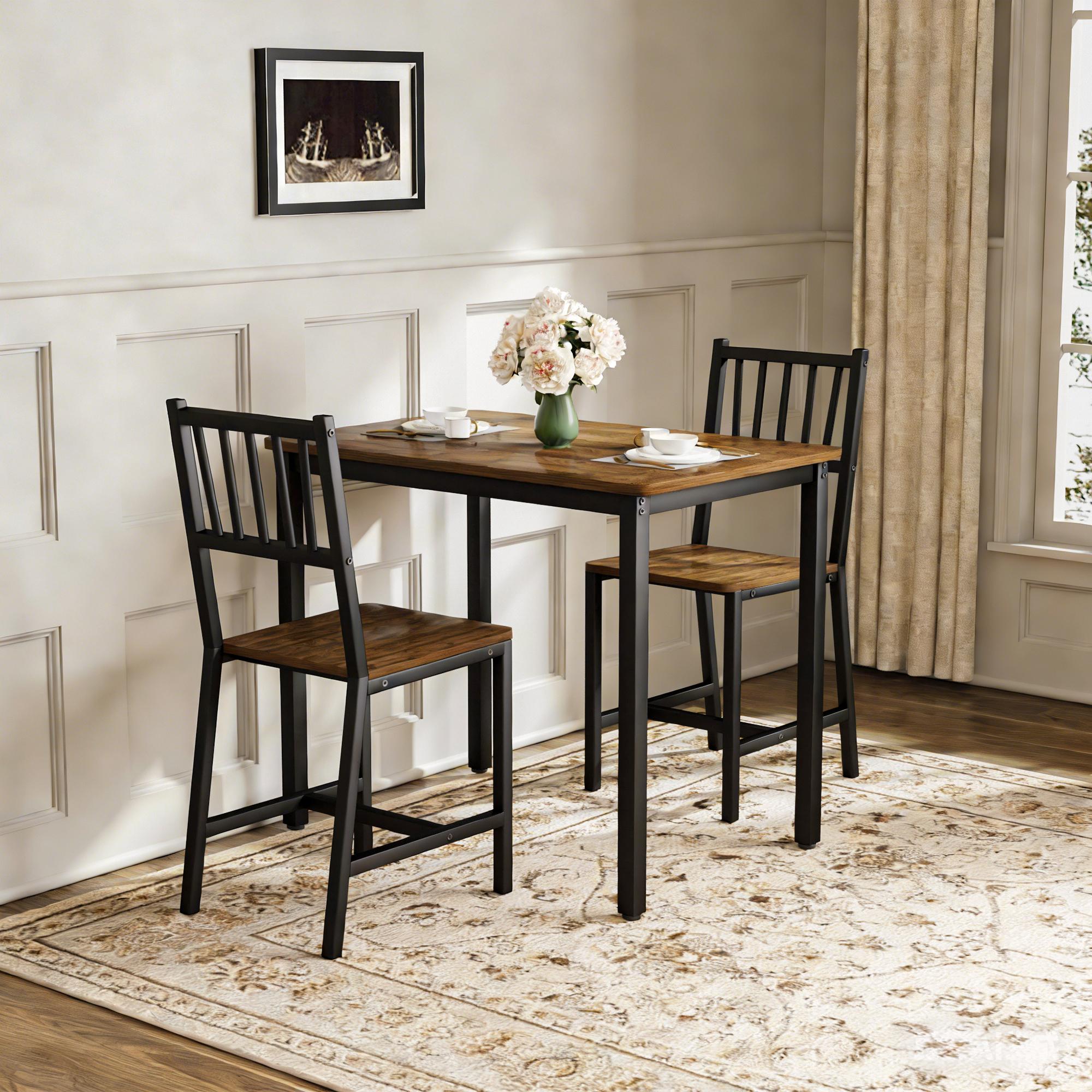 Dining Table Set, Bar Table with 2 Dining Benches, Kitchen Table Counter with Chairs, Industrial for Kitchen Breakfast Table, Living Room, Party Room, Rustic Brown and Black,35.4″L x23.6″W x 29.7″H