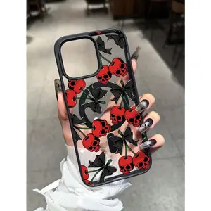 Black lace bow skull and cherry print magnetic phone case, compatible with iPhone 16 Pro Max, 14/13, 12, 11 Pro Max, XS Max, X, XR, 8, 7, Plus, and Mini. Suitable as a birthday gift, for your girlfriend or boyfriend, or for personal use.