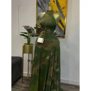 Women's O-Neck Sleeveless Stacked A-line Maxi Dress, Elegant Romantic Dress, Autumn Party Gown, Beach Evening Dress, Printed Long Dress for Birthdays, Jellyfish Camouflage Printed with Sashes Floor Length Dresses