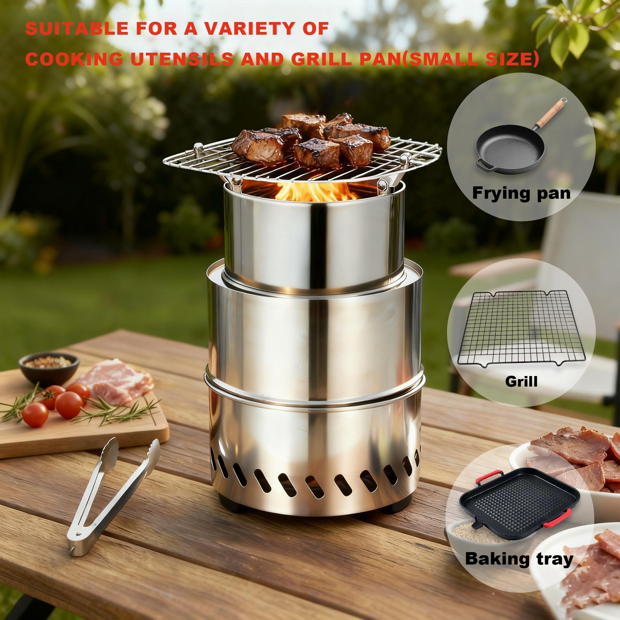 Portable Camping Stove, Stainless Steel Wood Burning Camp Stove with Secondary Combustion, Foldable Backpacking Stove for Outdoor Hiking, Picnic, BBQ, Compatible with Firewood & Wood Pellets, Easy to Assemble & Carry