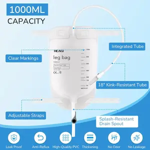 3 Pack Catheter Bags, 1000mL/33.8oz, Easy-Tap Leg Bag Urinary Drainage Bag, Anti-Reflux Valve with Cloth Foot Straps, Advanced Flip Drain for Easy Disposal, Foley Leg Bag for Men & Women, 18” Tubing