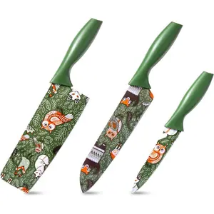 3Pcs Kitchen Knife Set Color-Coded Coated Stainless Steel Kitchen Knives Professional Kitchen Cutlery Set, Green
