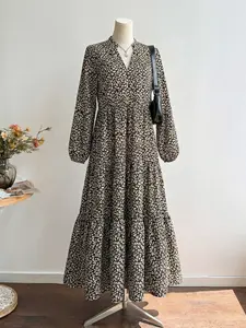 Leopard Print Long Dress with V Neck and Layered Skirt, Loose Lantern Sleeves for a Casual Chic Elegant Statement Look, Perfect for Dates and Afternoon Tea, Womenswear