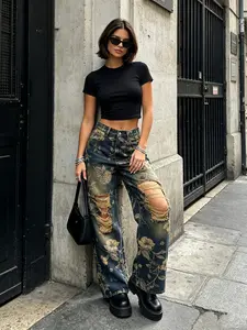 Women's Y2K Hip-Hop Wide-Leg Jeans, Distressed Floral High-Waisted Ripped, Casual Streetwear for Music Festivals, Fashionable and Comfortable Fit