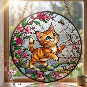 Cat Stained Glass Suncatcher: Floral Spring Kitten Window Hanging, Cat Lover Gift
