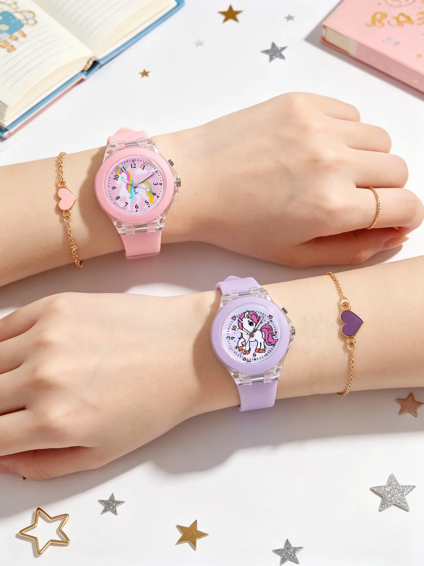 Cute Unicorn Theme Silicone Wristwatch Set with Glowing Quartz Movement Watches, Child Watch, Heart Bracelet, Best Fun Birthday Gift for Kids, No Box Included