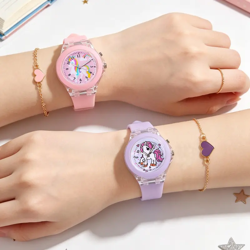 Cute Unicorn Theme Silicone Wristwatch Set with Glowing Quartz Movement Watches, Child Watch, Heart Bracelet, Best Fun Birthday Gift for Kids, No Box Included