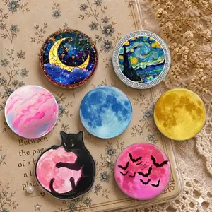 Vintage Celestial Moon Van Gogh Starry Night Phone Grip Clear Acrylic Griptok - Aesthetic Fine Art Mystic Full Moon Cell Phone Stand Holder, Gothic Black Cat Pink Bat Kindle Ereader Ring Accessory, Witchy Astrology Gift for Bookworms E-Girls