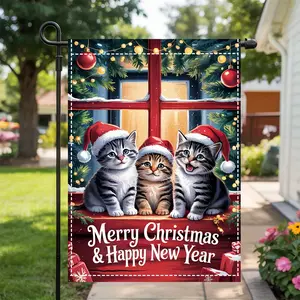 Flat Christmas Cats Double-sided washable multi-functional festive yard decoration flag no electricity required suitable for lawns porches or gardens Decorative