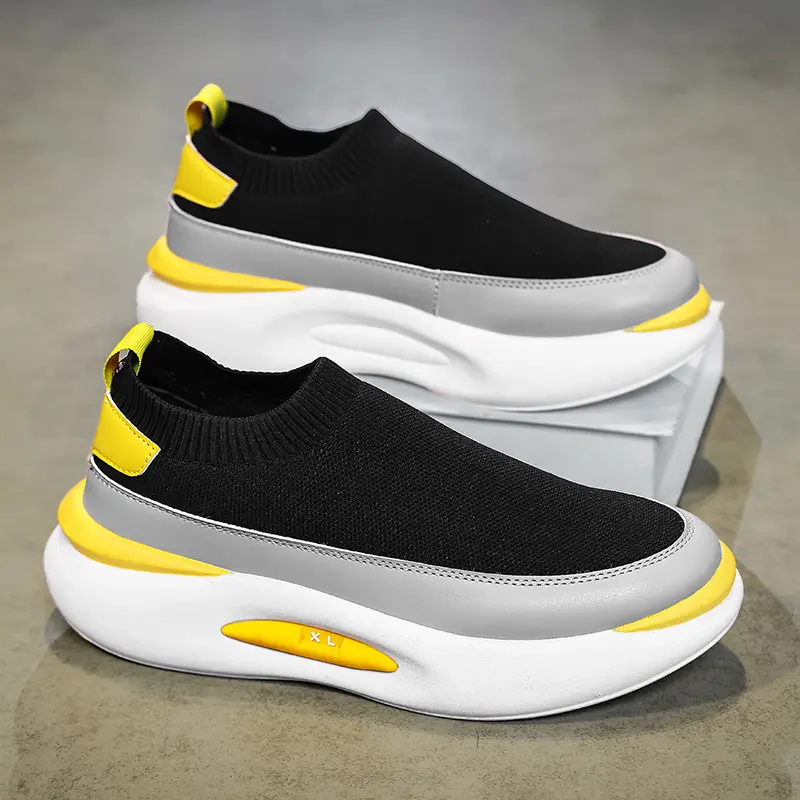 Men's Thick Sole Flyknit Walking Shoes, Breathable Lightweight Slip-on Sneakers for Gym, Casual Work & Travel, Black and Yellow