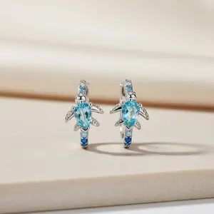 Sea Turtle Hoop Earrings | Dainty Aquamarine Ocean Jewelry | Cute Silver Summer Earrings | March Birthstone