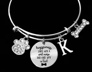Happiness Starts with a Wet Nose and Ends with a Tail Personalized Dog Lover Expandable Charm Bracelet