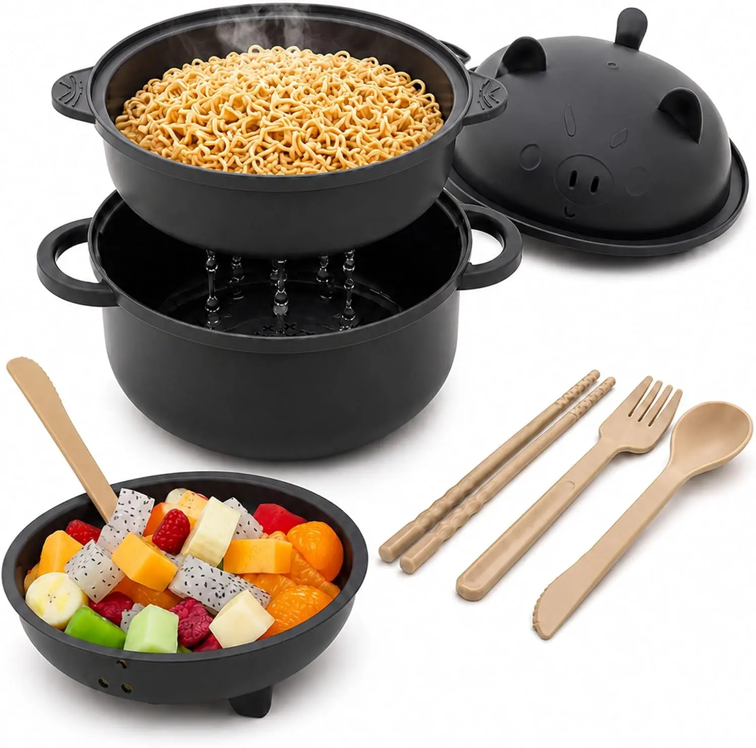 Nifogo Microwavable Pig Ramen Noodle Bowl Set, 43oz/1300ml Ramen Cooker with Strainer Lid, Handle, Spoon, Fork, Chopsticks for Home, Dorm Kitchenware Tableware Value Pack (Mid-Year Sale Restock Deals)