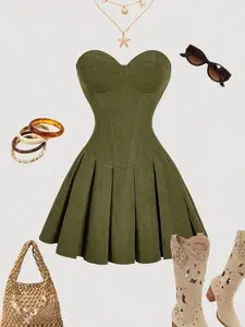 Vintage Style Suede Bustier Mini Dress Pleated Figure-Hugging Country Western Outfit
