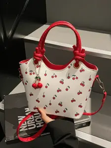 Sweet Cherry Print Bucket Bag, New Contrast Color Handbag, Crossbody Bag, Stylish and Trendy Accessory, Perfect for Daily Use, Crossbody Purse, Fashionable Crossbody Bag