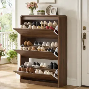Shoe Storage Cabinet,Farmhouse Shoe Organizer with 3 Flip Drawers,Freestanding Hidden Slim Narrow Shoe Rack Cabinet for Entryway,Foyer,Hallway,Walnut
