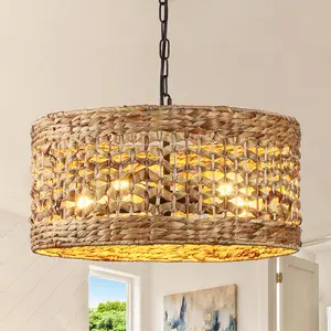 Hand Woven Rattan Pendant Light, 18" 5-Light Wicker Dining Room Light Fixtures Boho Chandelier Coastal Large Hanging Ceiling Lights Natural Lighting for Kitchen Island Living Room Bedroom