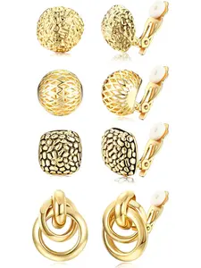 4Pairs Clip on Earrings for Women Fashion Earrings Gold Silver Clip on Hoop Earrings Chunky Teardrop Clip Earrings Twist Round Clip on Stud Earrings No Piercing Fake Earrings Set