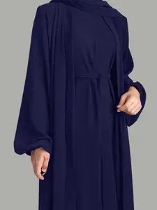 Women's Comfortable Casual Loose Open Front Long Shirt & Sleeveless Vest Dress Set, Arabic Robe with Belt, No Headscarf Included, Modesty Muslim Clothing